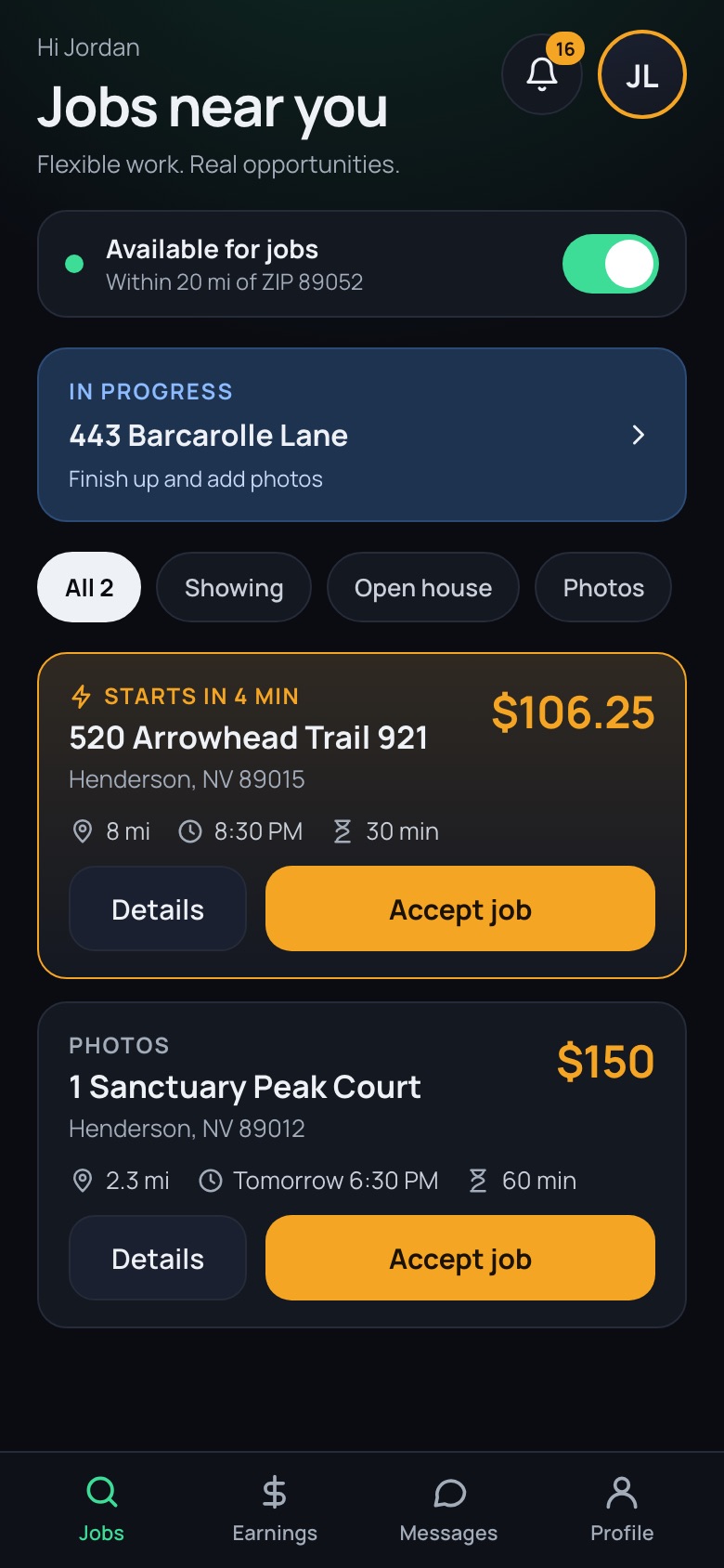 The agent app: jobs near you with payout, distance and an Accept job button