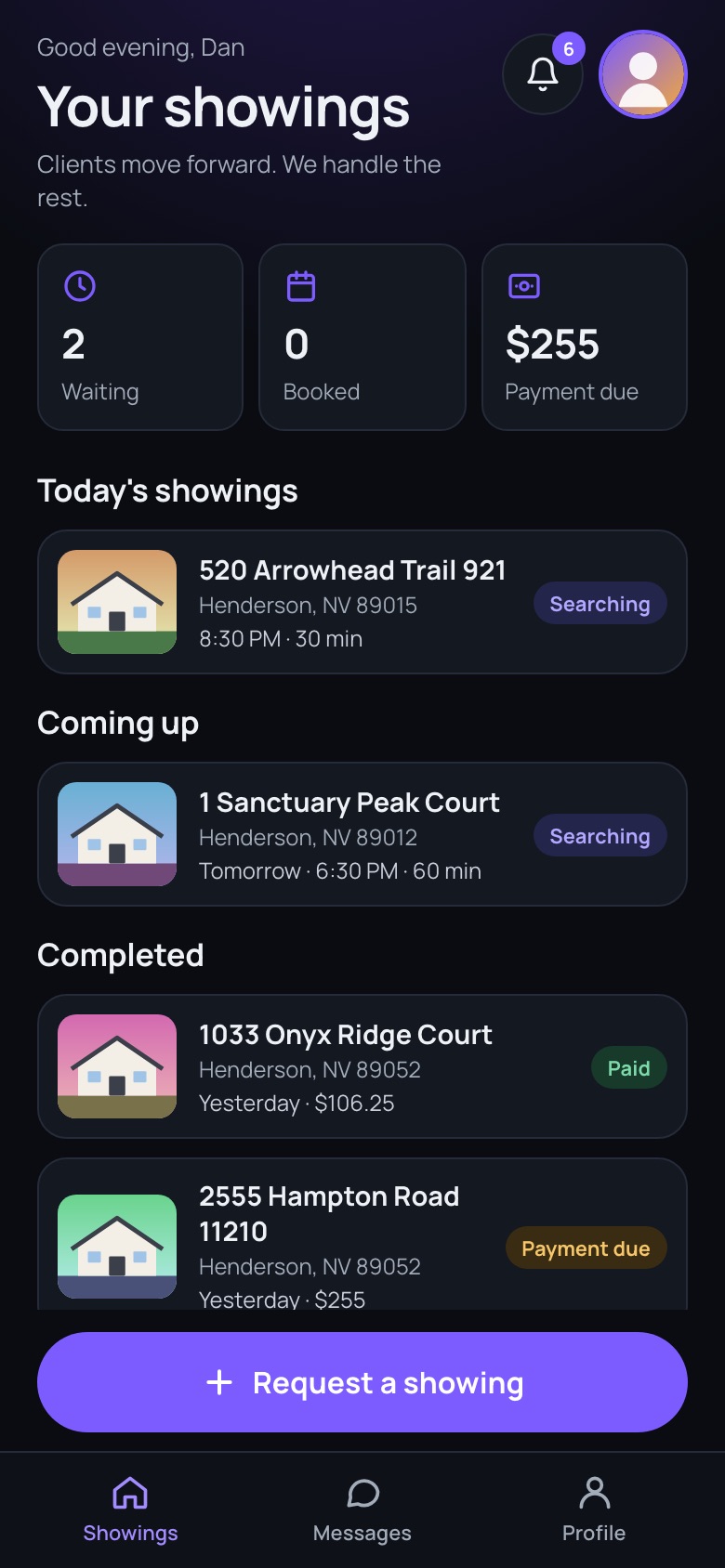 The realtor app: today's showings, what's booked and what's owed