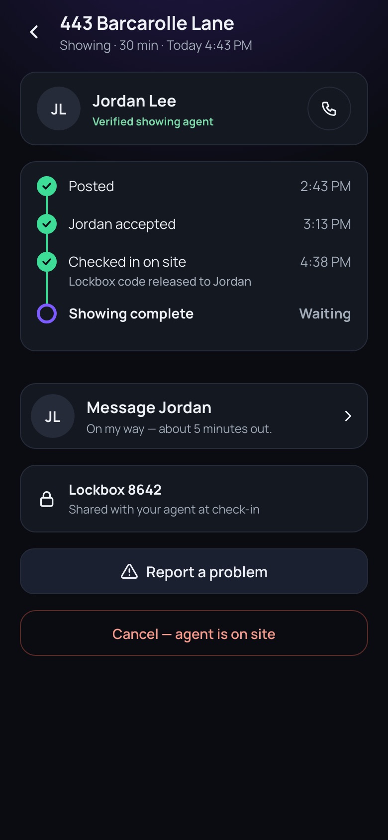 A live showing on the phone: agent checked in, lockbox released